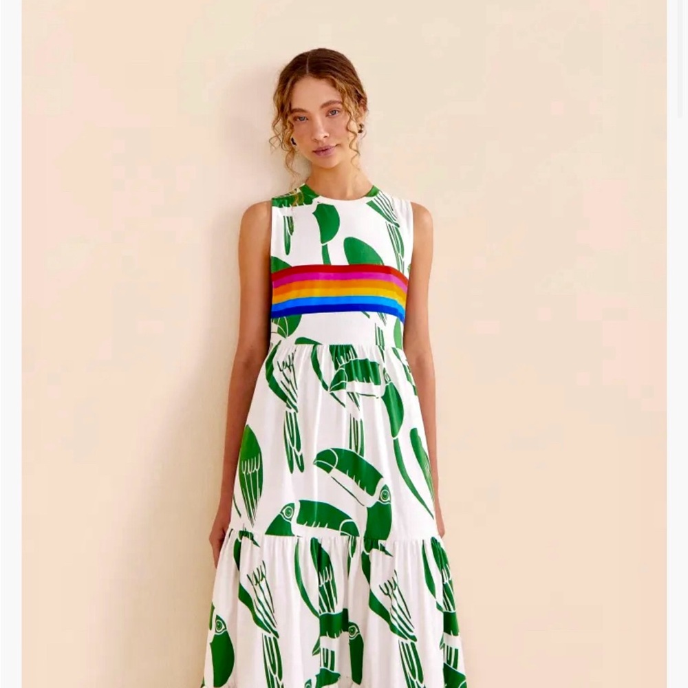Farm Rio Off-White Rainbow Toucans Organic Cotton Maxi Dress size Small